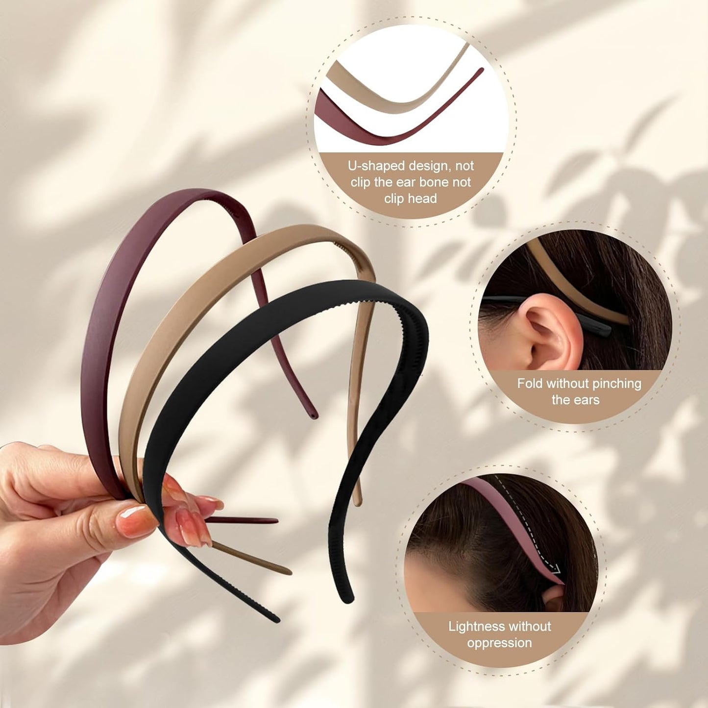 3 Pieces Zigzag Hairband with Clips, Thin Hairbands for Women, Matte Finish, Non-Slip, Ideal for Glasses and Everyday Use (Black + Wine Red + Coffee)