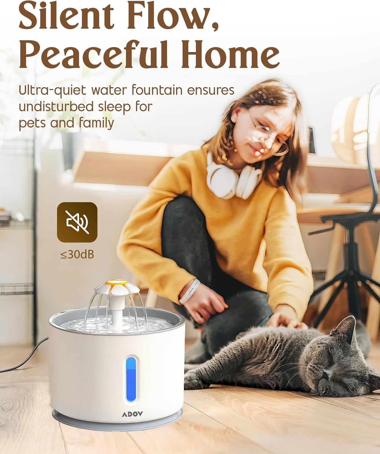 Cat Water Fountain, 2.4L Automatic Electric Flower Style Dispenser with LED Water Level Window and Replaceable Filter, Ultra Quiet Healthy and Hygienic Pet Drinking Bowl for Kitten, Dogs – Grey