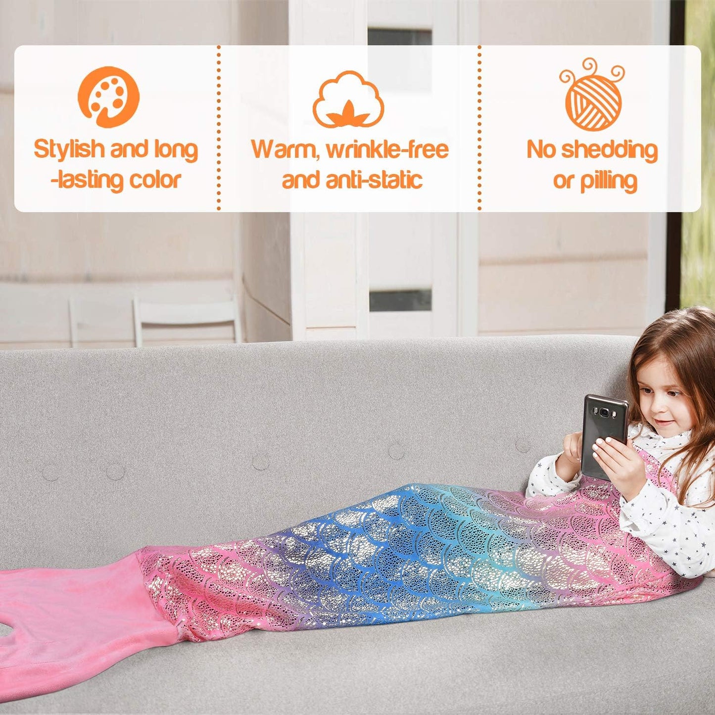 Mermaid Tail Blanket, Soft Warm Plush Fleece Sleeping Bag Snuggle Blanket for Teens 155 X 48 Cm Rainbow Ombre, Fish Scale Pattern