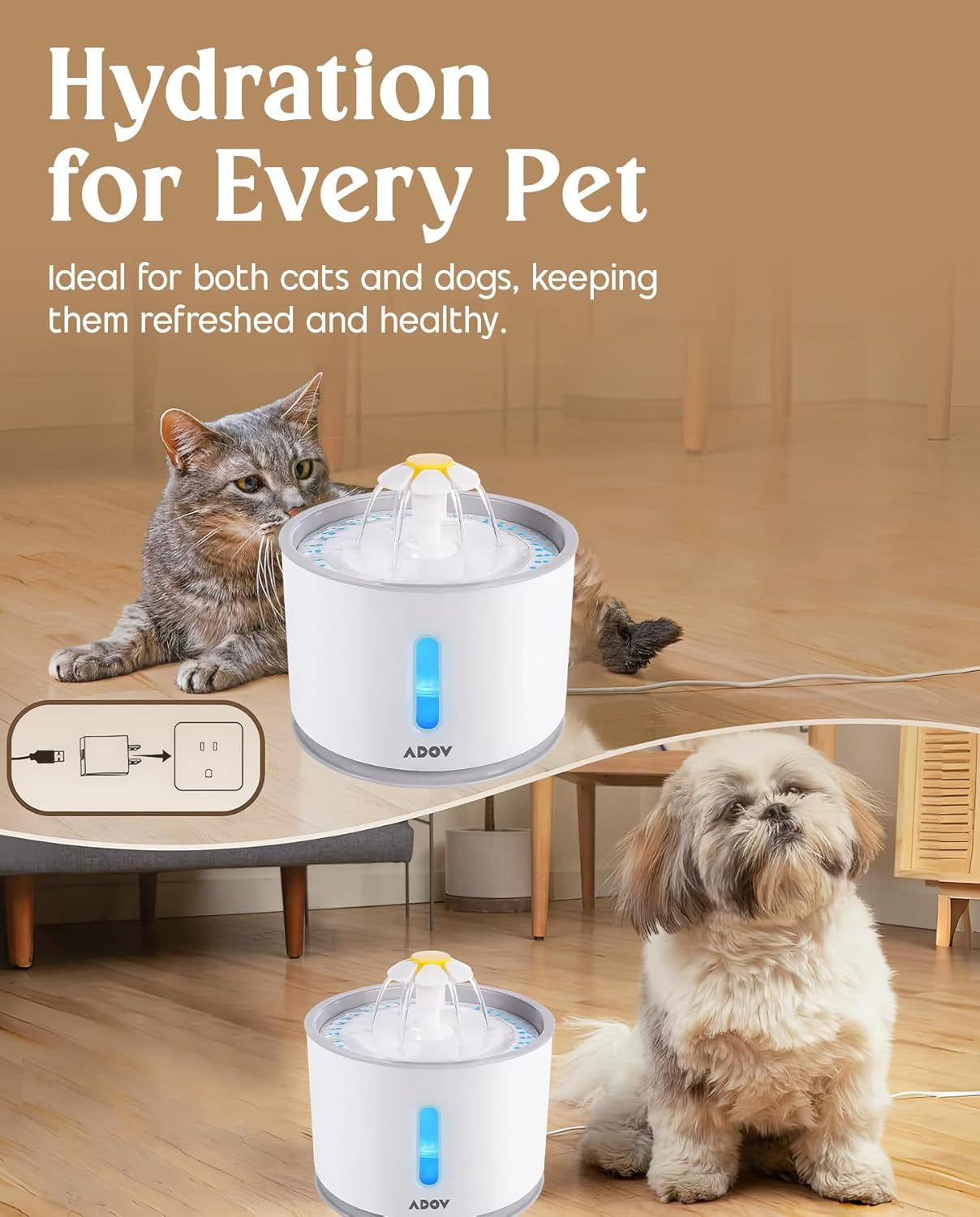 Cat Water Fountain, 2.4L Automatic Electric Flower Style Dispenser with LED Water Level Window and Replaceable Filter, Ultra Quiet Healthy and Hygienic Pet Drinking Bowl for Kitten, Dogs – Grey