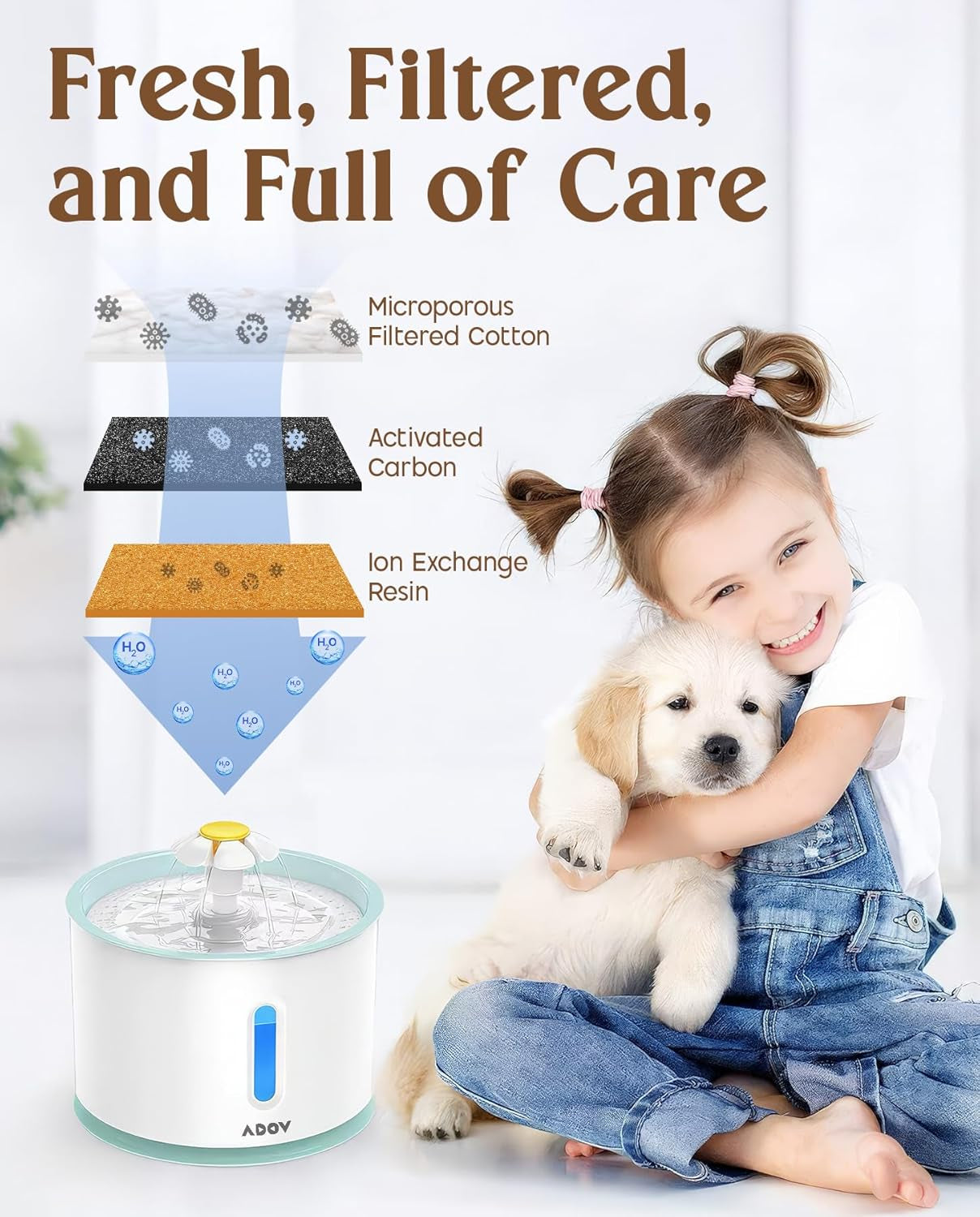 Cat Water Fountain, 2.4L Automatic Electric Flower Style Dispenser with LED Water Level Window and Replaceable Filter, Ultra Quiet Healthy and Hygienic Pet Drinking Bowl for Kitten, Dogs – Grey