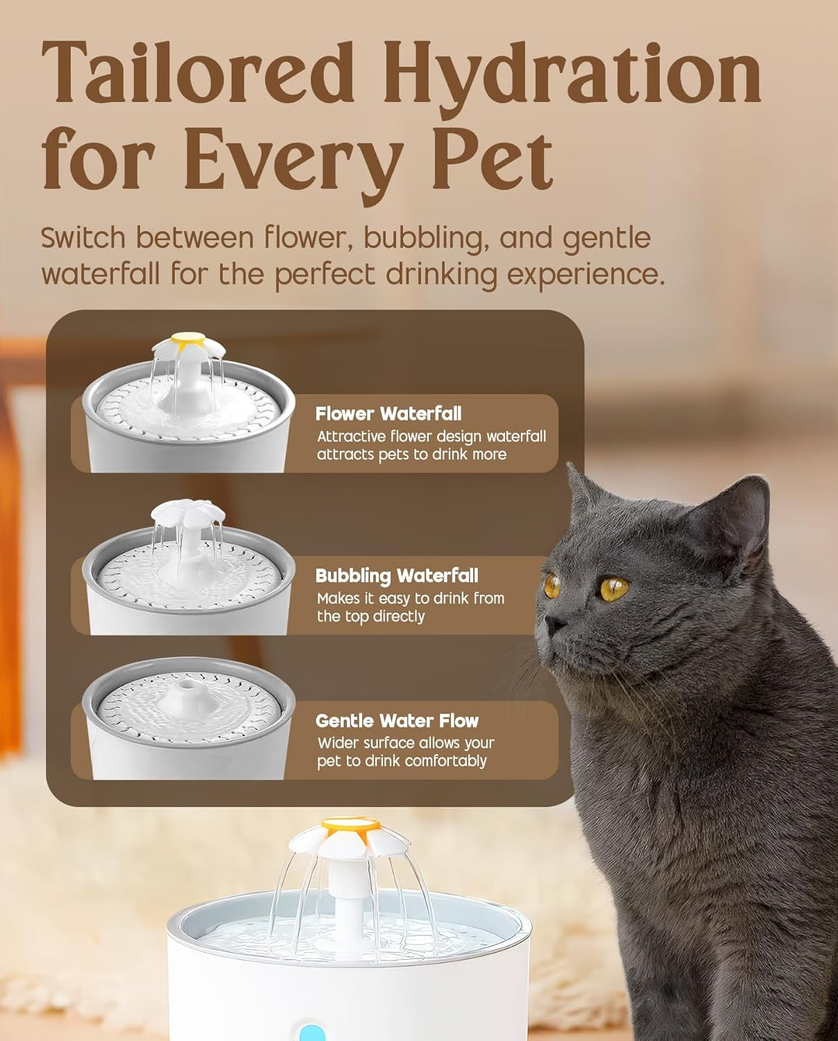 Cat Water Fountain, 2.4L Automatic Electric Flower Style Dispenser with LED Water Level Window and Replaceable Filter, Ultra Quiet Healthy and Hygienic Pet Drinking Bowl for Kitten, Dogs – Grey