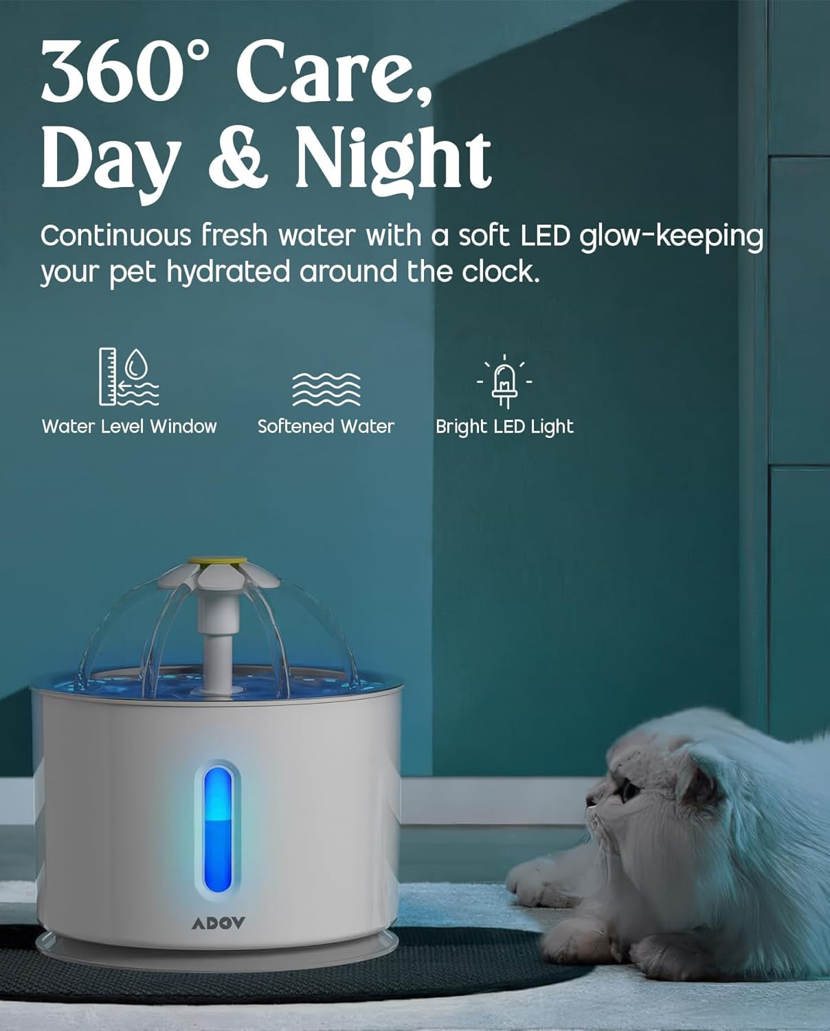 Cat Water Fountain, 2.4L Automatic Electric Flower Style Dispenser with LED Water Level Window and Replaceable Filter, Ultra Quiet Healthy and Hygienic Pet Drinking Bowl for Kitten, Dogs – Grey
