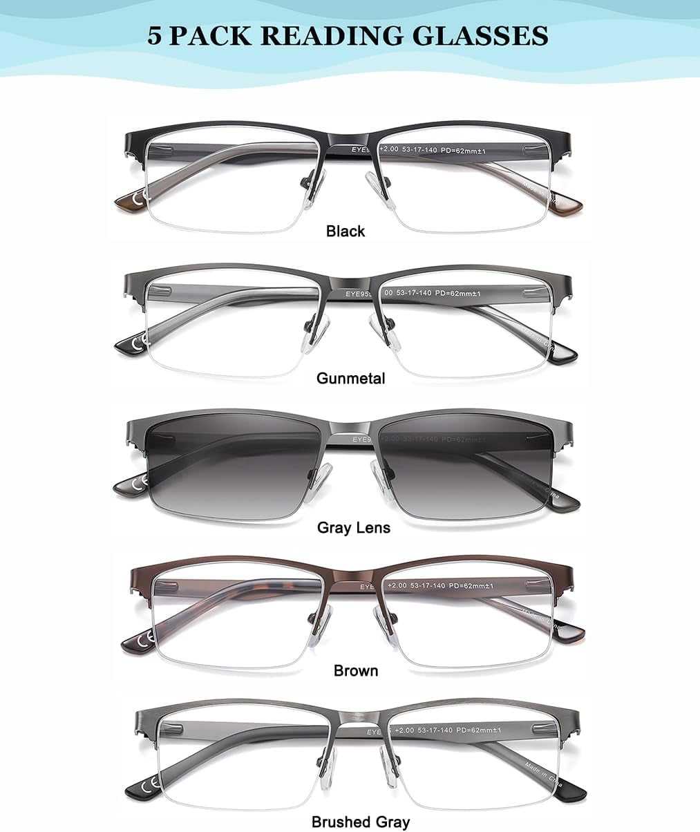 5 Pack Reading Glasses Men Metal Half Frame Spring Hinges Rectangular Style Eyeglasses Readers 1.75