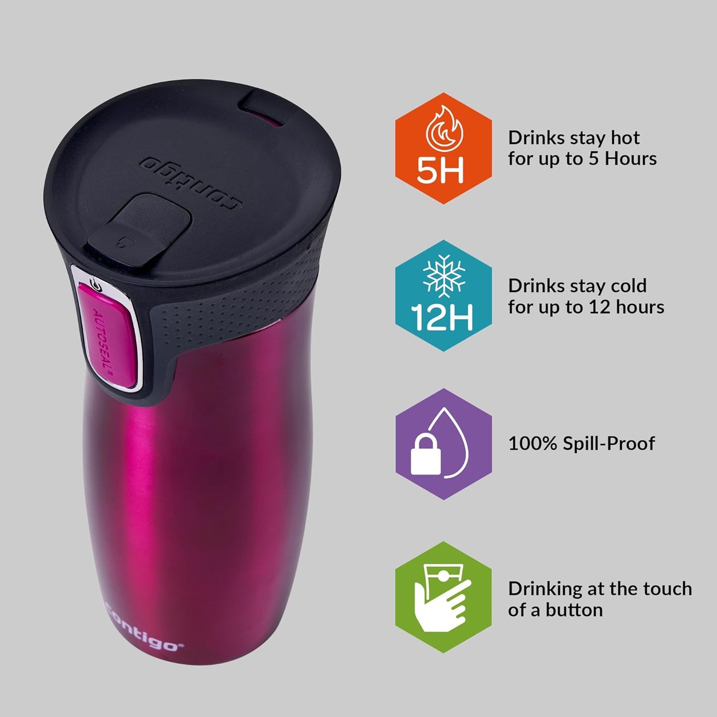 West Loop Autoseal Travel Mug, Stainless Steel Thermal Mug, Vacuum Flask, Leakproof Tumbler, Coffee Mug with BPA Easy-Clean Lid
