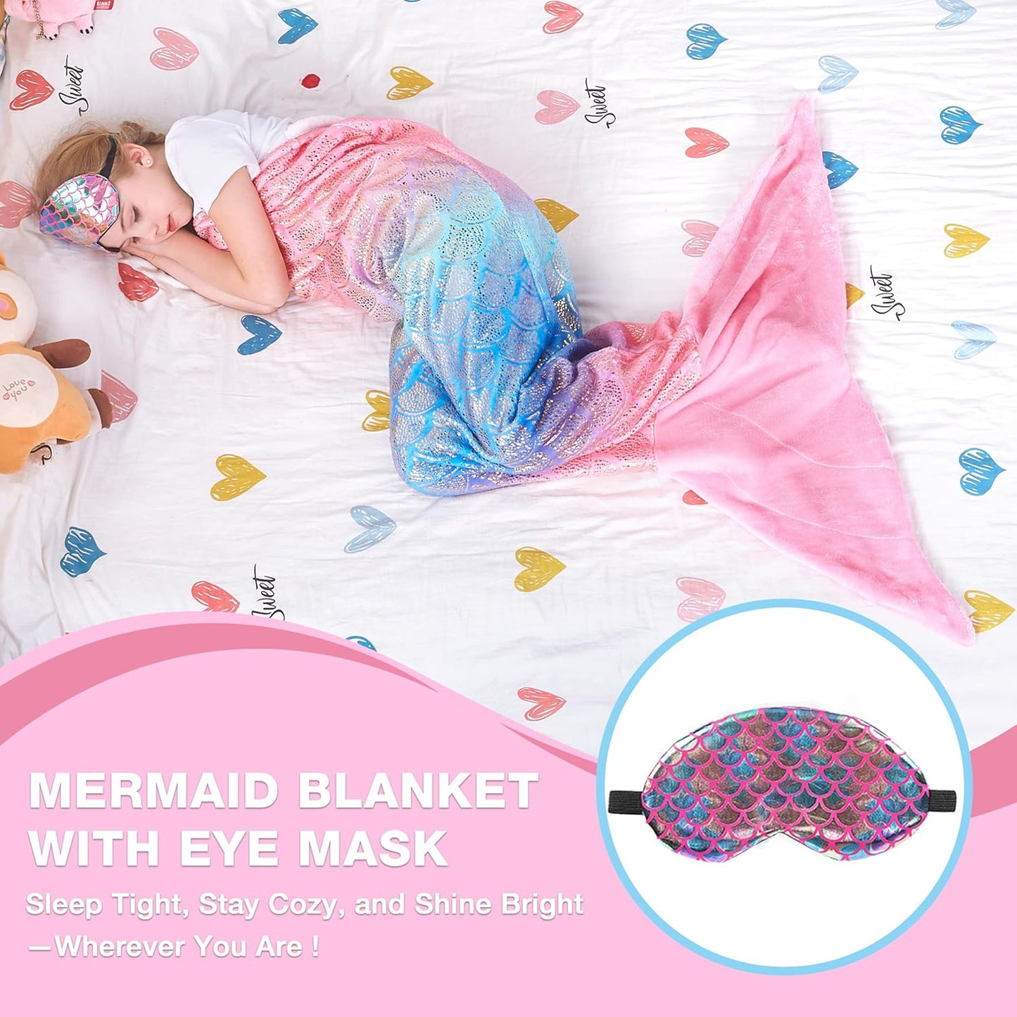 Mermaid Tail Blanket, Soft Warm Plush Fleece Sleeping Bag Snuggle Blanket for Teens 155 X 48 Cm Rainbow Ombre, Fish Scale Pattern