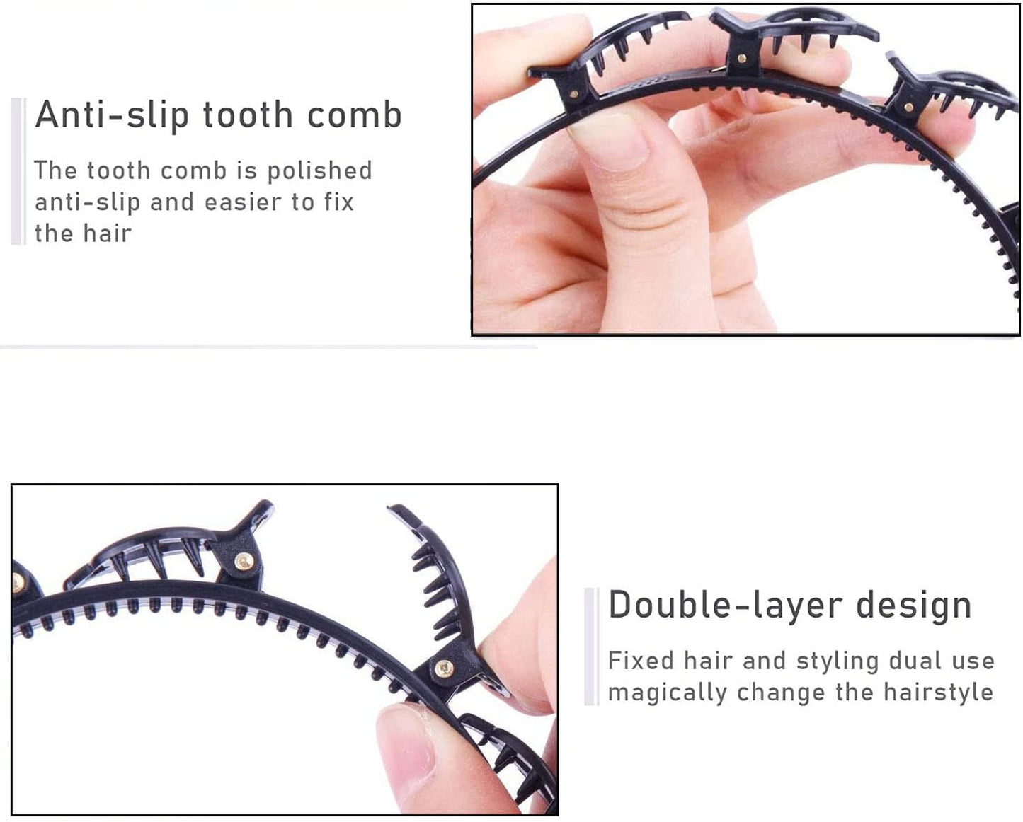 2 Pcs Clip Hairstyle Hairpins, Black - Hairpins with Clips/Korean Twist Braid - Double Bangs, Non-Slip, Double Layer for Women, Girls