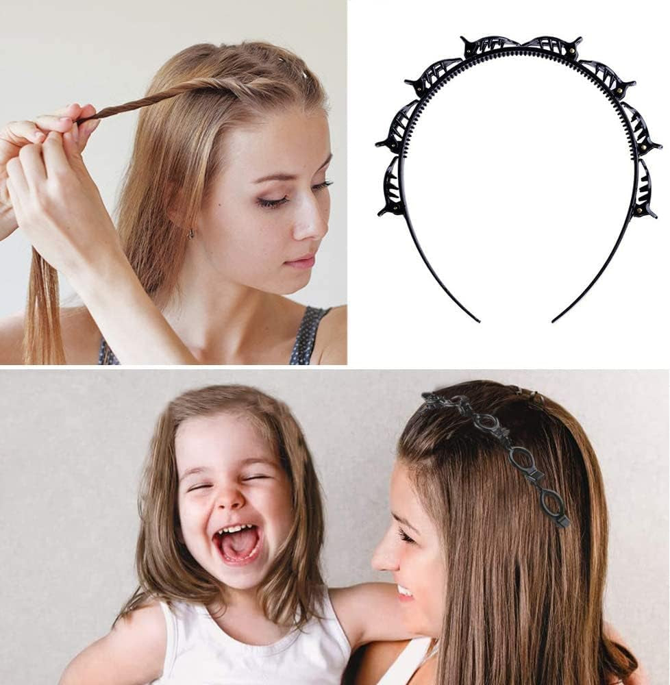 2 Pcs Clip Hairstyle Hairpins, Black - Hairpins with Clips/Korean Twist Braid - Double Bangs, Non-Slip, Double Layer for Women, Girls