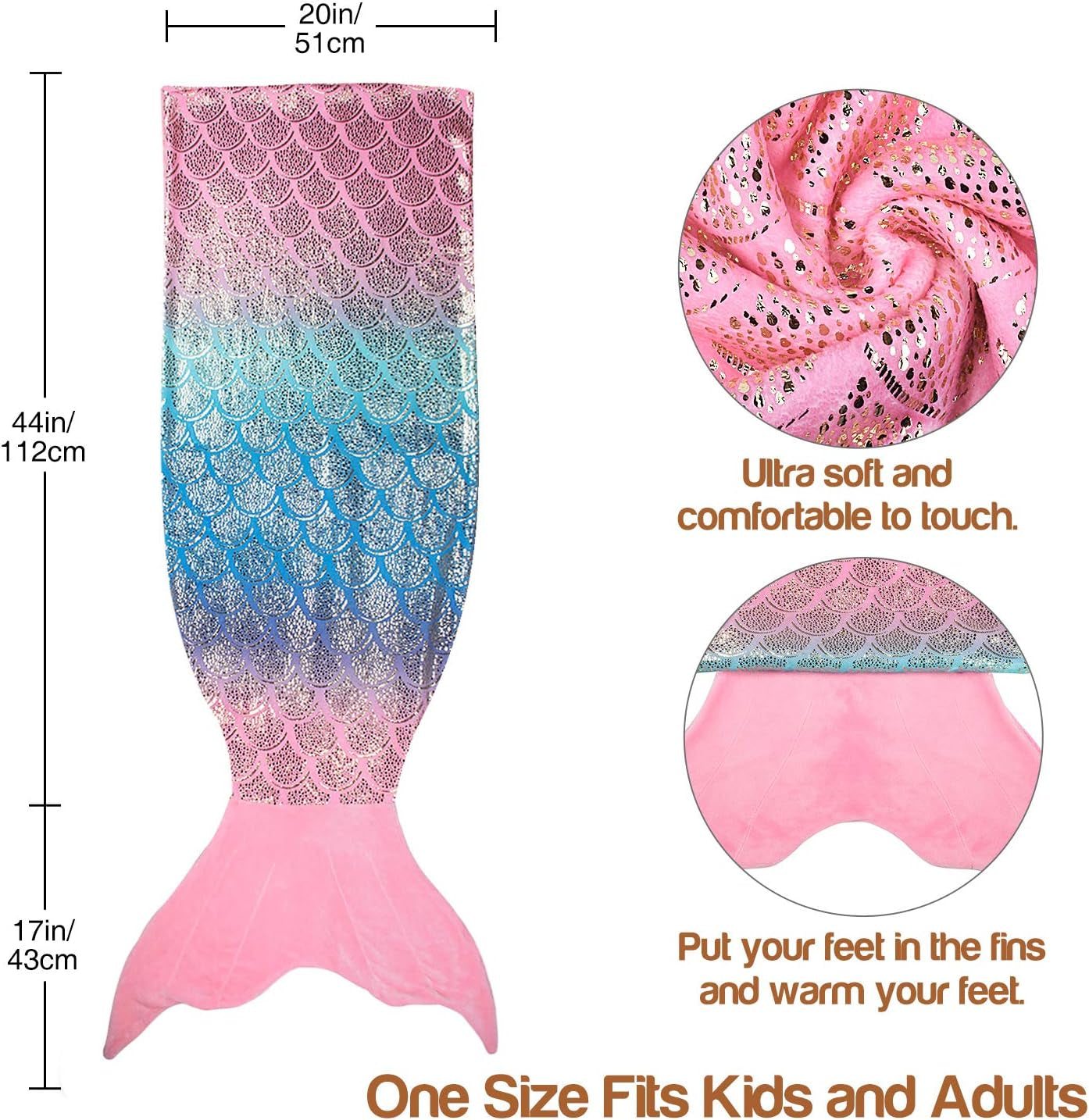 Mermaid Tail Blanket, Soft Warm Plush Fleece Sleeping Bag Snuggle Blanket for Teens 155 X 48 Cm Rainbow Ombre, Fish Scale Pattern