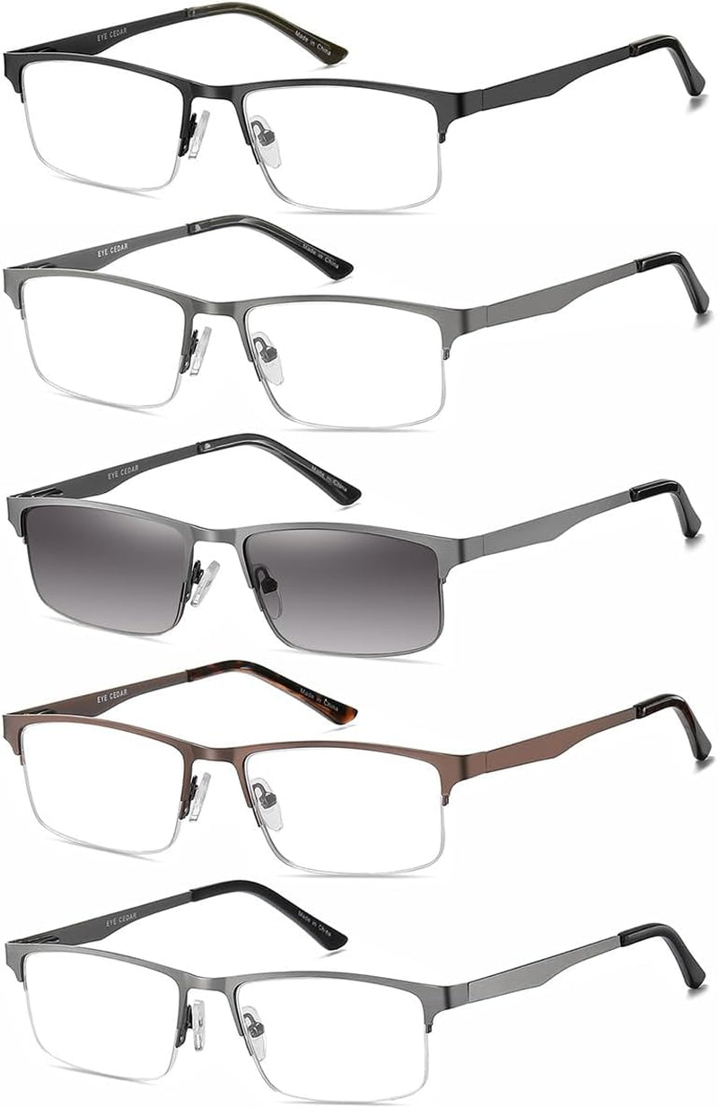 5 Pack Reading Glasses Men Metal Half Frame Spring Hinges Rectangular Style Eyeglasses Readers 1.75