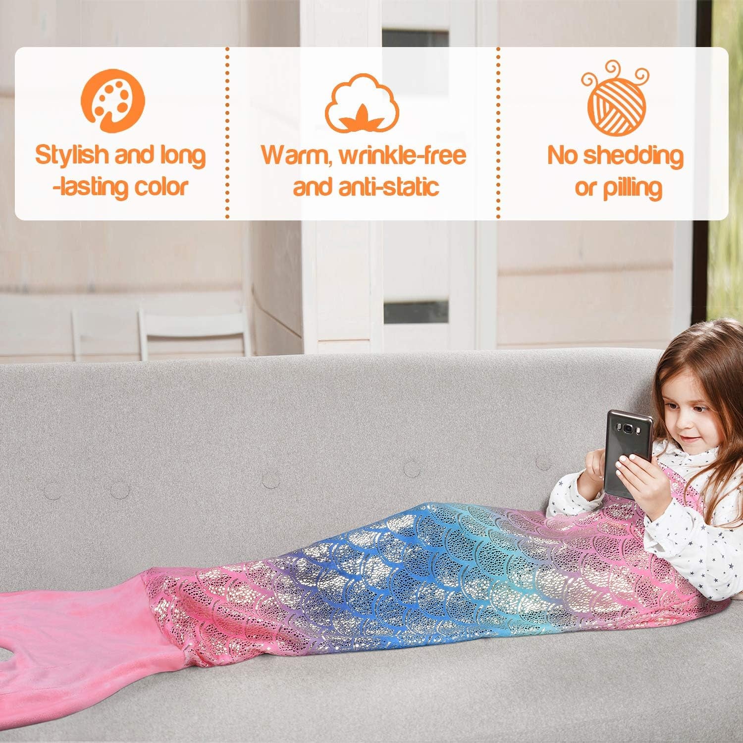 Mermaid Tail Blanket, Soft Warm Plush Fleece Sleeping Bag Snuggle Blanket for Teens 155 X 48 Cm Rainbow Ombre, Fish Scale Pattern