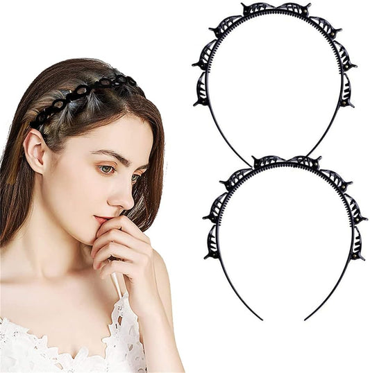 2 Pcs Clip Hairstyle Hairpins, Black - Hairpins with Clips/Korean Twist Braid - Double Bangs, Non-Slip, Double Layer for Women, Girls