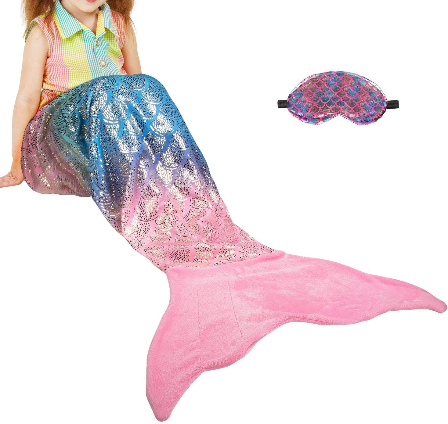 Mermaid Tail Blanket, Soft Warm Plush Fleece Sleeping Bag Snuggle Blanket for Teens 155 X 48 Cm Rainbow Ombre, Fish Scale Pattern