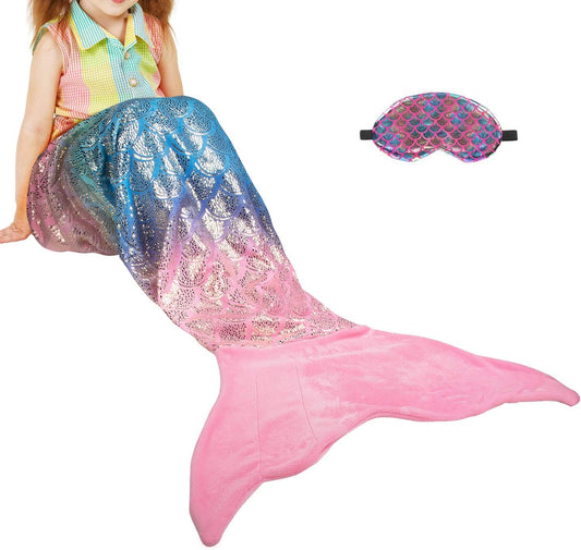 Mermaid Tail Blanket, Soft Warm Plush Fleece Sleeping Bag Snuggle Blanket for Teens 155 X 48 Cm Rainbow Ombre, Fish Scale Pattern