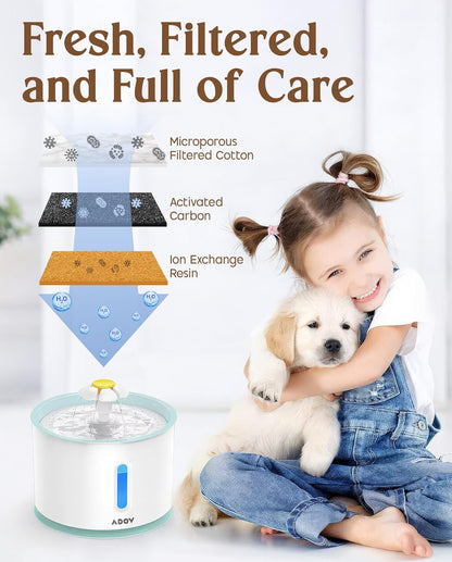 Cat Water Fountain, 2.4L Automatic Electric Flower Style Dispenser with LED Water Level Window and Replaceable Filter, Ultra Quiet Healthy and Hygienic Pet Drinking Bowl for Kitten, Dogs – Grey