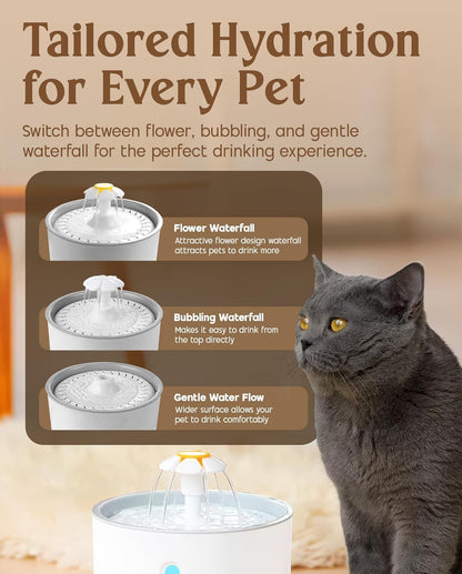 Cat Water Fountain, 2.4L Automatic Electric Flower Style Dispenser with LED Water Level Window and Replaceable Filter, Ultra Quiet Healthy and Hygienic Pet Drinking Bowl for Kitten, Dogs – Grey