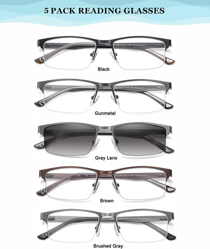 5 Pack Reading Glasses Men Metal Half Frame Spring Hinges Rectangular Style Eyeglasses Readers 1.75