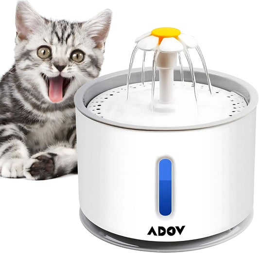 Cat Water Fountain, 2.4L Automatic Electric Flower Style Dispenser with LED Water Level Window and Replaceable Filter, Ultra Quiet Healthy and Hygienic Pet Drinking Bowl for Kitten, Dogs – Grey