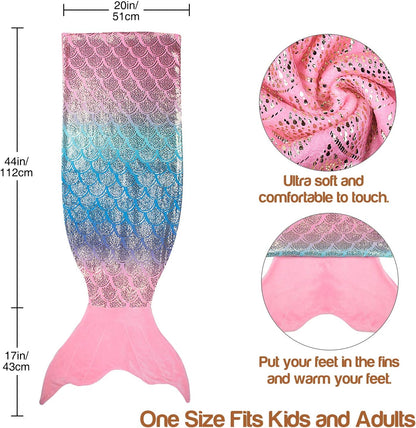 Mermaid Tail Blanket, Soft Warm Plush Fleece Sleeping Bag Snuggle Blanket for Teens 155 X 48 Cm Rainbow Ombre, Fish Scale Pattern