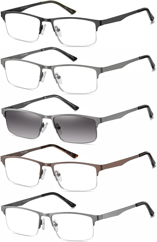 5 Pack Reading Glasses Men Metal Half Frame Spring Hinges Rectangular Style Eyeglasses Readers 1.75